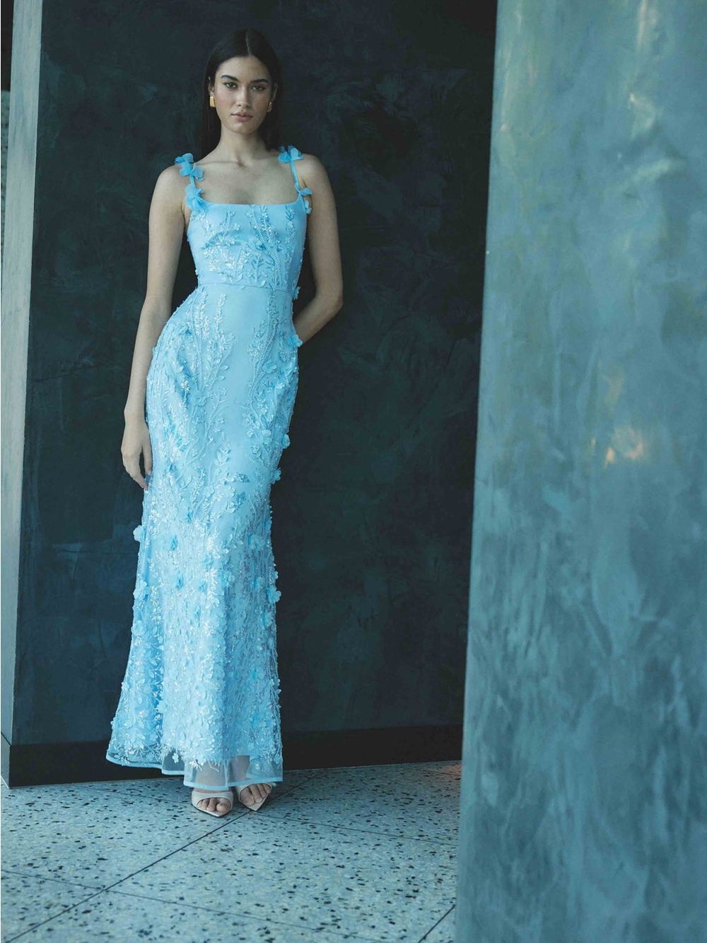 ELLIATT Rina Beaded Gown in Blue  Floral Evening Wedding Dresses Size L NWT - Picture 2 of 9